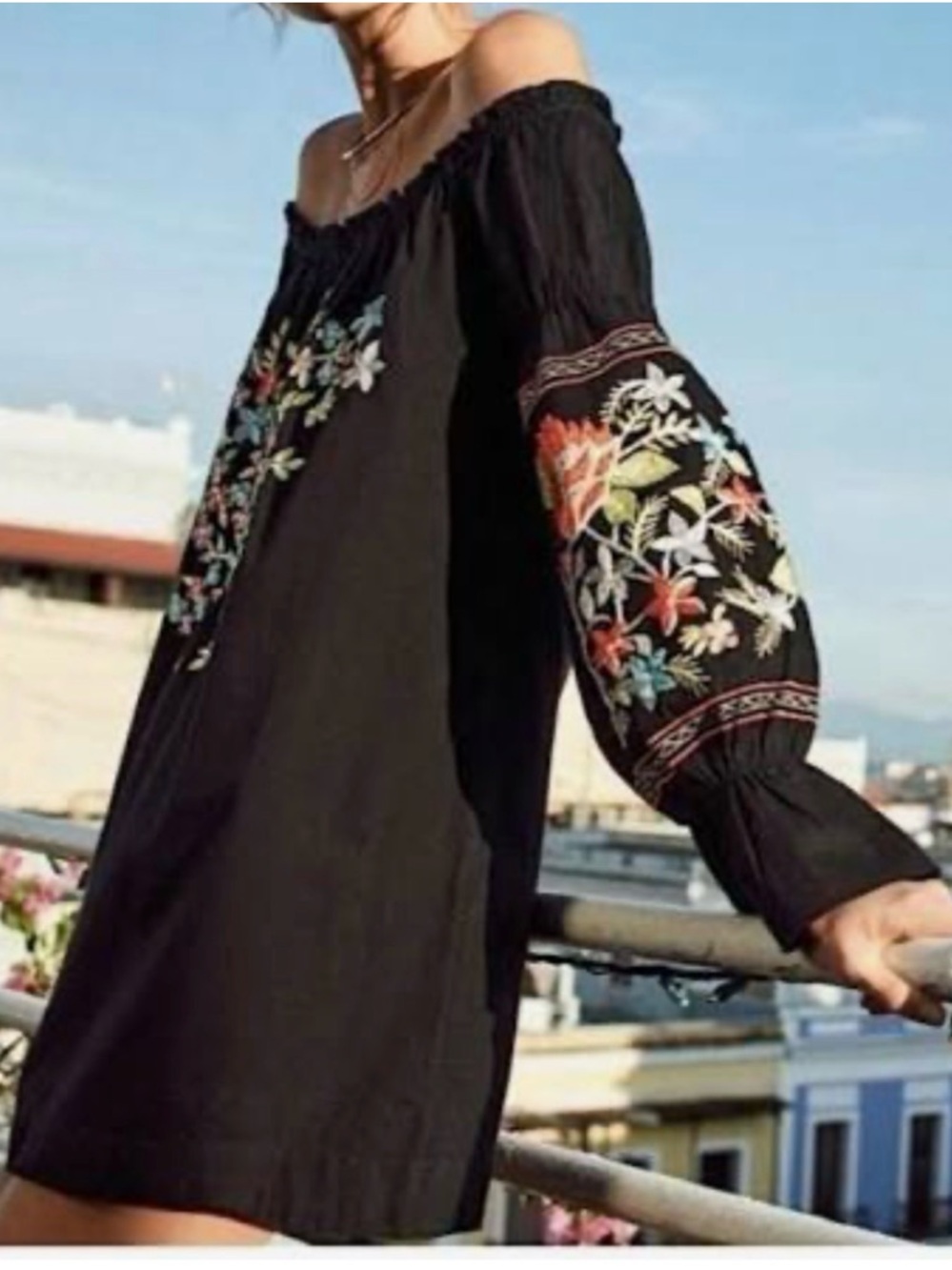 Free People Fleur du Jour Black Off-Shoulder Embroidered Mini Dress - Picture 6 of 11